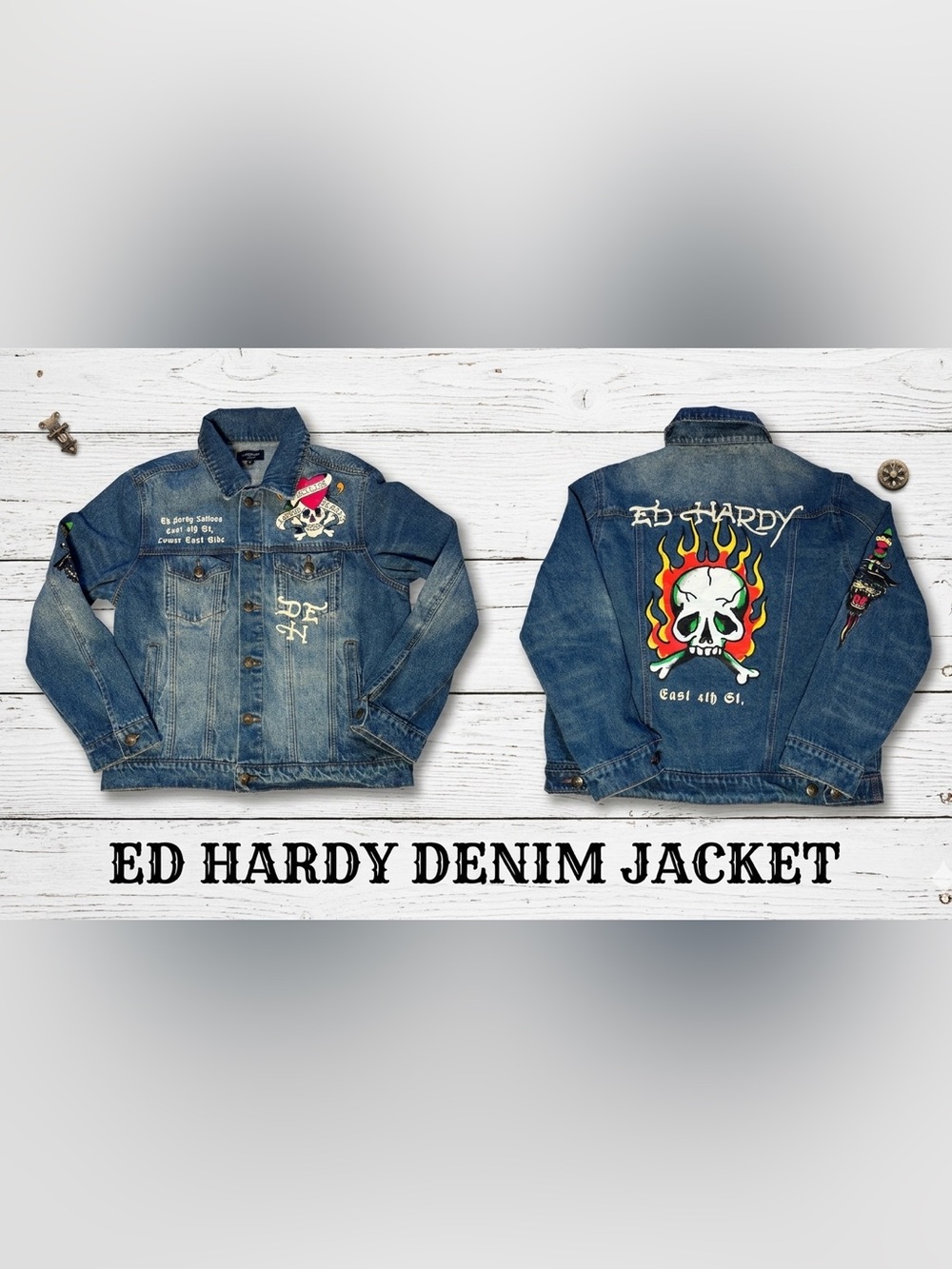 Ed Hardy Y2K Flame Skull Denim Jacket Love Kills Slowly Medium Wash Womens L EUC